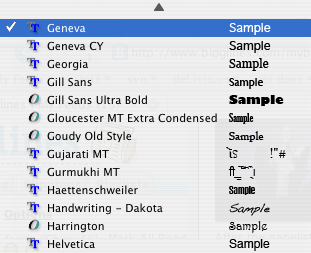 A list of fonts, all with the sample text 'Sample' on the right